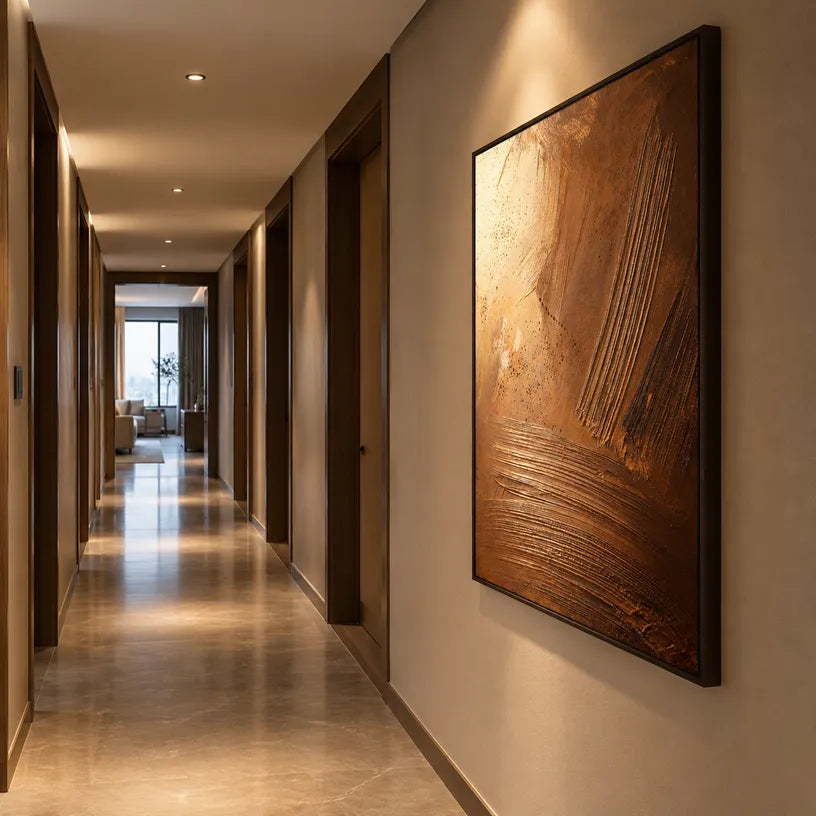 Wabi-Sabi abstract oil painting showing layered abstract marks, texture and expressive painterly movement in a brown palette.