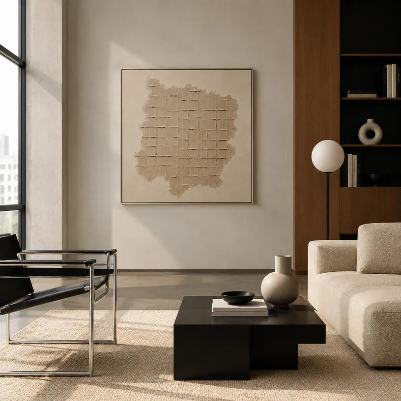 Wabi-Sabi abstract oil painting showing layered abstract marks, texture and expressive painterly movement in a brown palette.
