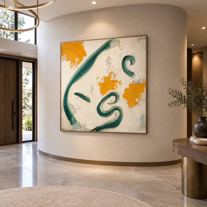 Wabi-Sabi abstract oil painting showing layered abstract marks, texture and expressive painterly movement in a beige palette.