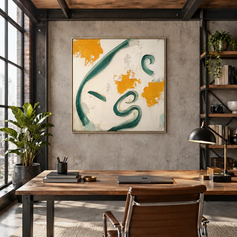 Wabi-Sabi abstract oil painting showing layered abstract marks, texture and expressive painterly movement in a beige palette.
