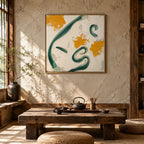 Wabi-Sabi abstract oil painting showing layered abstract marks, texture and expressive painterly movement in a beige palette.