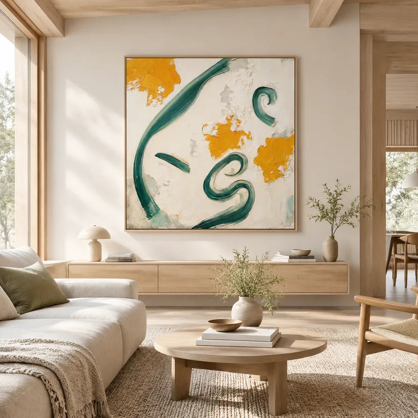Wabi-Sabi abstract oil painting showing layered abstract marks, texture and expressive painterly movement in a beige palette.