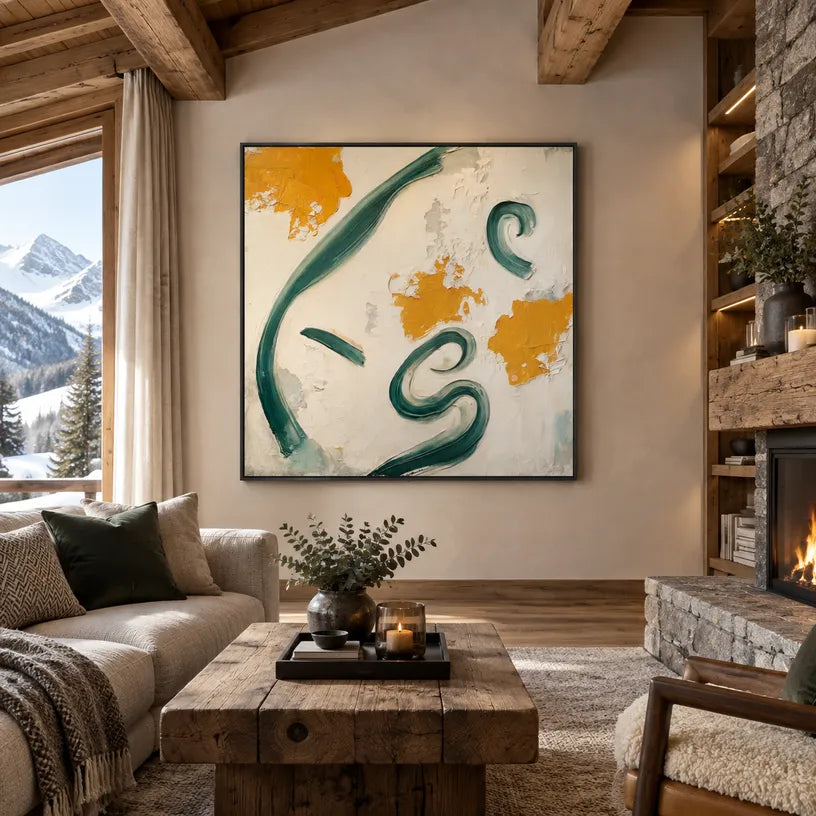 Wabi-Sabi abstract oil painting showing layered abstract marks, texture and expressive painterly movement in a beige palette.
