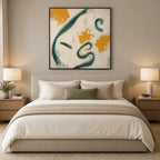 Wabi-Sabi abstract oil painting showing layered abstract marks, texture and expressive painterly movement in a beige palette.