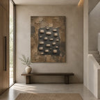 Wabi-Sabi abstract oil painting showing layered abstract marks, texture and expressive painterly movement in a brown palette.