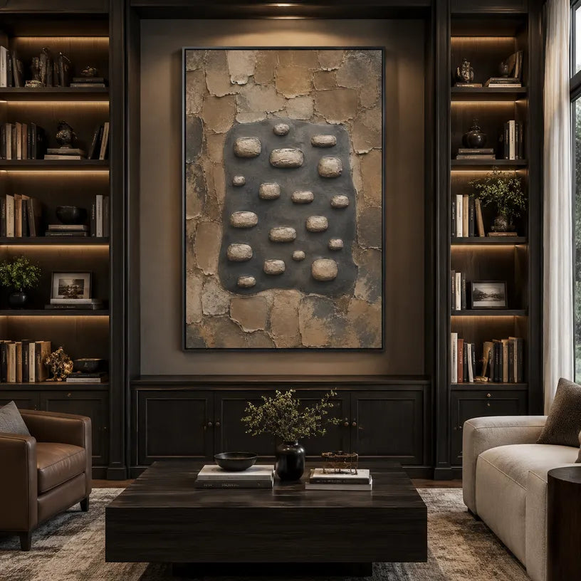 Wabi-Sabi abstract oil painting showing layered abstract marks, texture and expressive painterly movement in a brown palette.