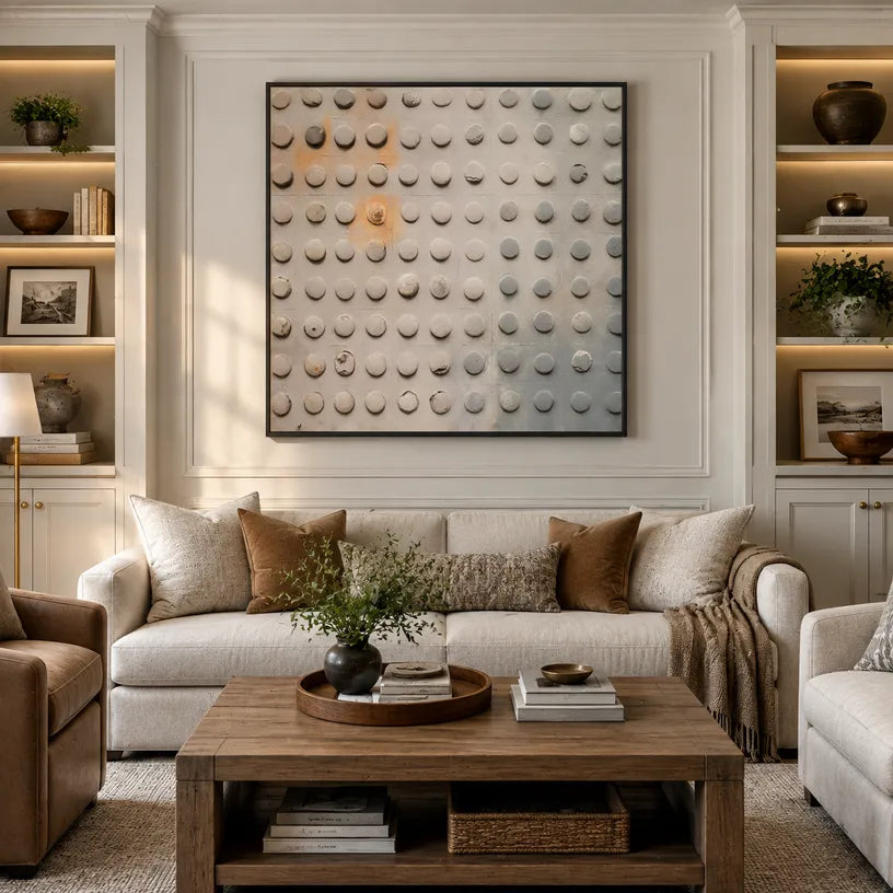 Wabi-Sabi abstract oil painting showing layered abstract marks, texture and expressive painterly movement in a brown palette.
