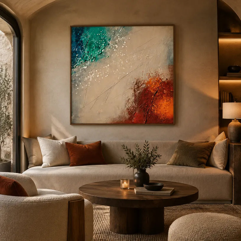 Wabi-Sabi abstract oil painting showing layered abstract marks, texture and expressive painterly movement in a beige palette.