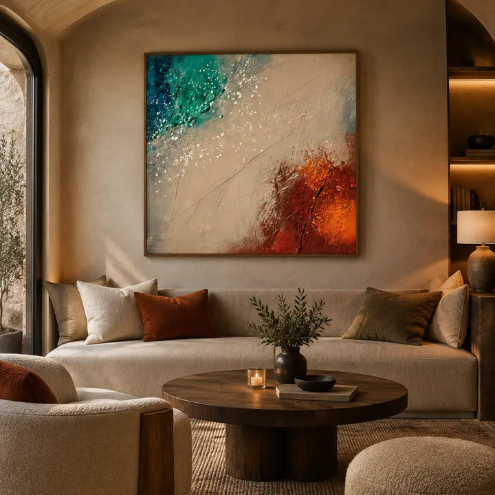 Wabi-Sabi abstract & conceptual oil painting featuring layered abstract marks, texture and expressive painterly movement.
