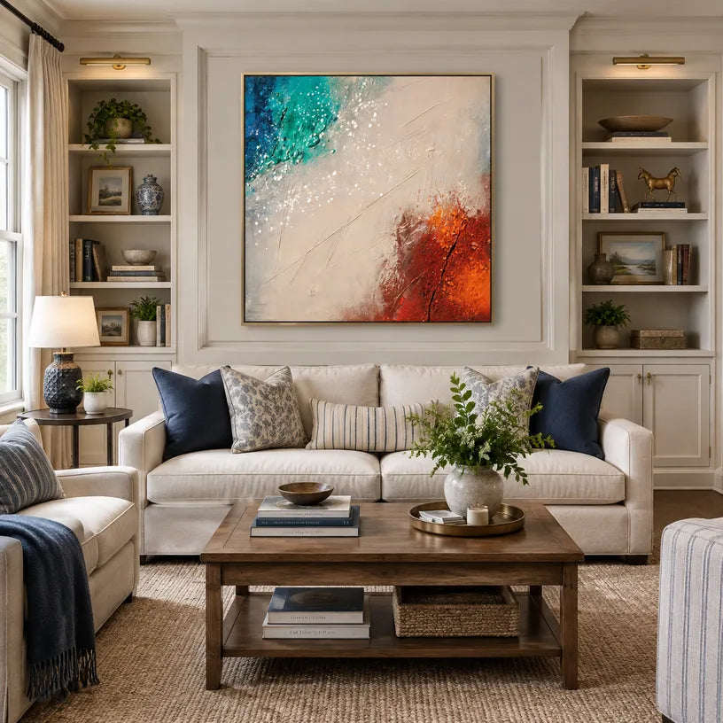Wabi-Sabi abstract oil painting showing layered abstract marks, texture and expressive painterly movement in a beige palette.