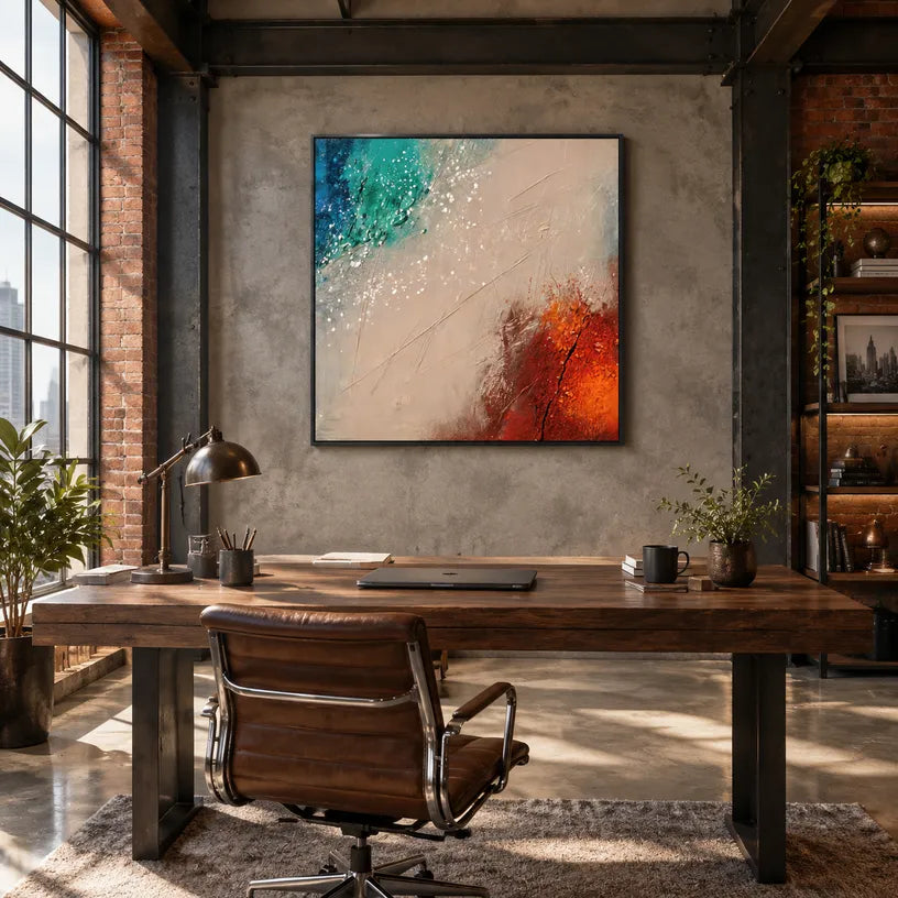 Wabi-Sabi abstract oil painting showing layered abstract marks, texture and expressive painterly movement in a beige palette.