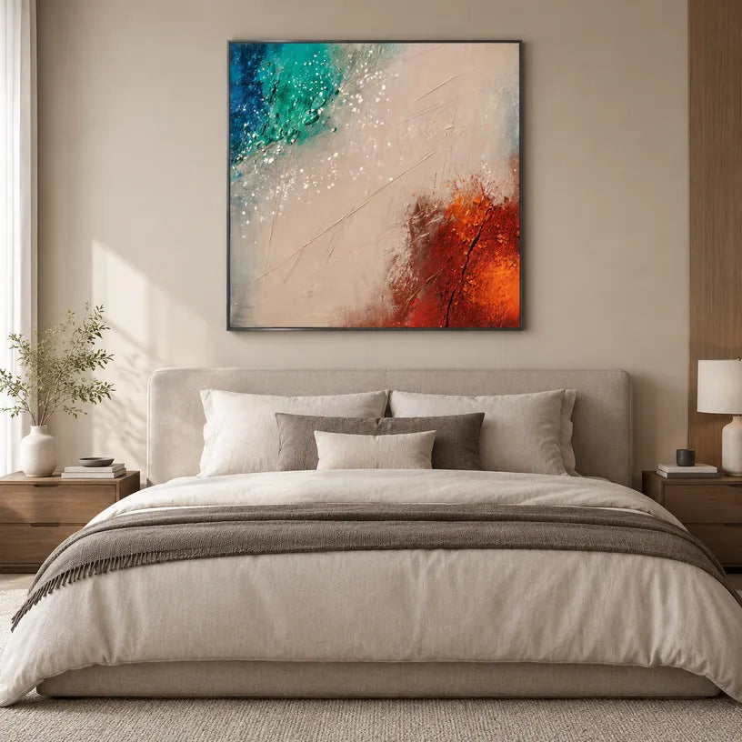 Wabi-Sabi abstract oil painting showing layered abstract marks, texture and expressive painterly movement in a beige palette.