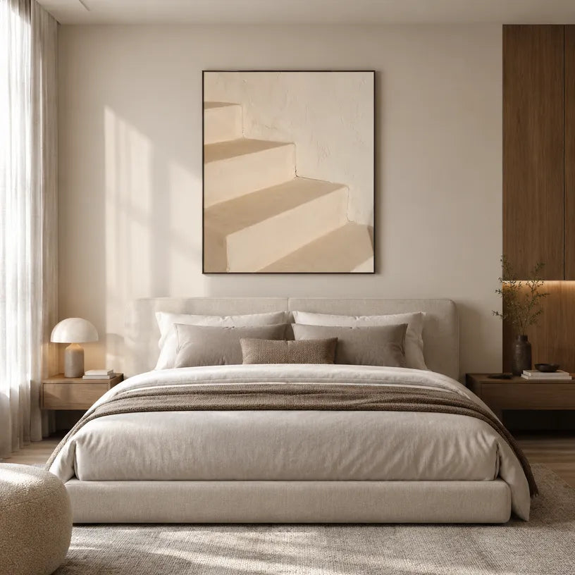 Wabi-Sabi abstract oil painting showing layered abstract marks, texture and expressive painterly movement in a beige palette.