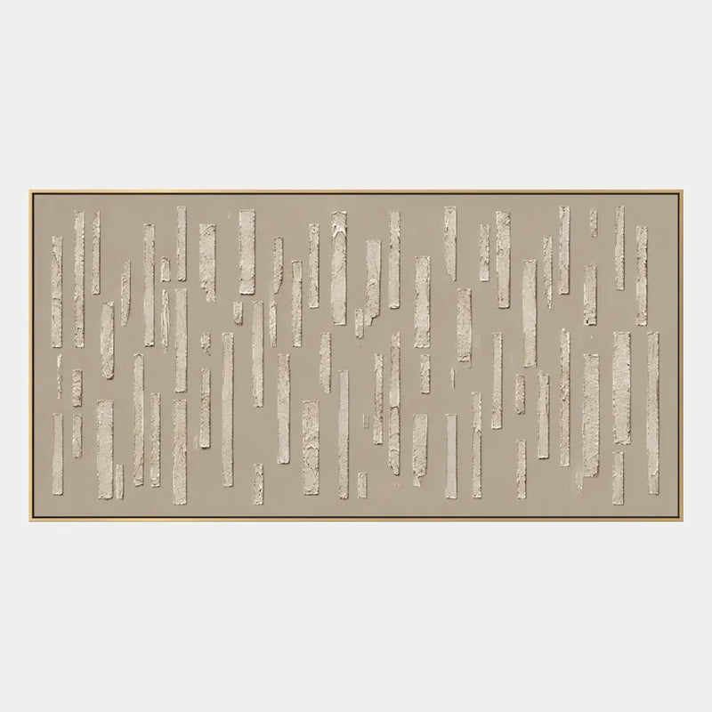 Abstraktes und konzeptuelles Ölgemälde von Wabi-Sabi mit geschichteten abstrakten Zeichen, Textur und ausdrucksstarker malerischer Bewegung in einer Beige-Palette.