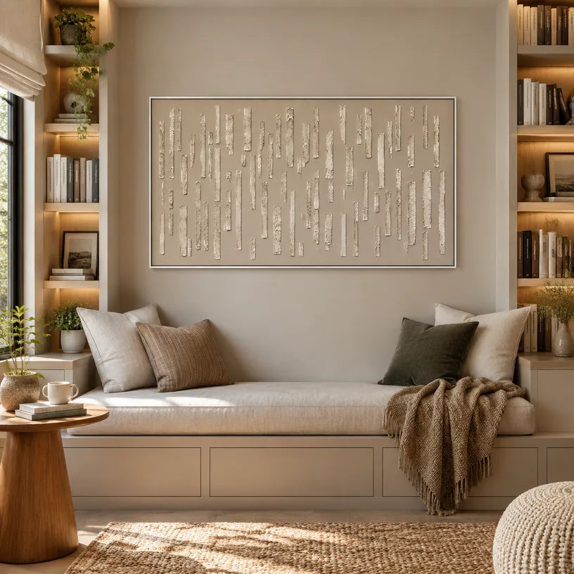 Wabi-Sabi abstract oil painting showing layered abstract marks, texture and expressive painterly movement in a brown palette.