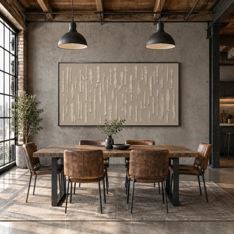 Abstraktes und konzeptuelles Ölgemälde von Wabi-Sabi mit geschichteten abstrakten Zeichen, Textur und ausdrucksstarker malerischer Bewegung in einer Beige-Palette.