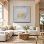 Wabi-Sabi abstract oil painting showing layered abstract marks, texture and expressive painterly movement in a grey palette.
