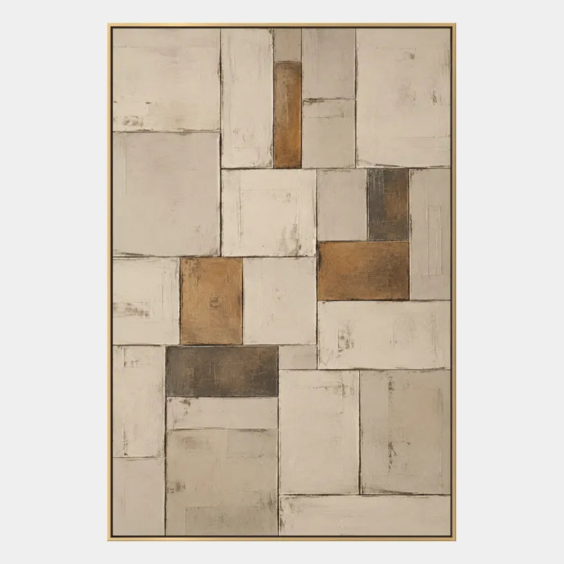 Wabi-Sabi abstract oil painting showing layered abstract marks, texture and expressive painterly movement in a beige palette.