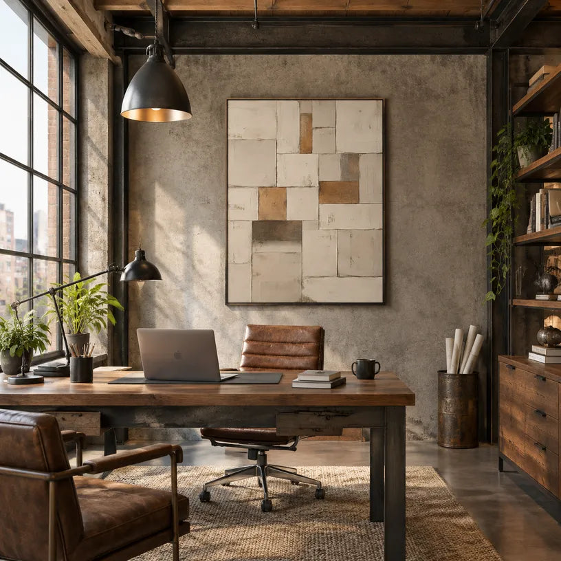 Wabi-Sabi abstract oil painting showing layered abstract marks, texture and expressive painterly movement in a beige palette.