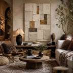 Wabi-Sabi abstract oil painting showing layered abstract marks, texture and expressive painterly movement in a beige palette.