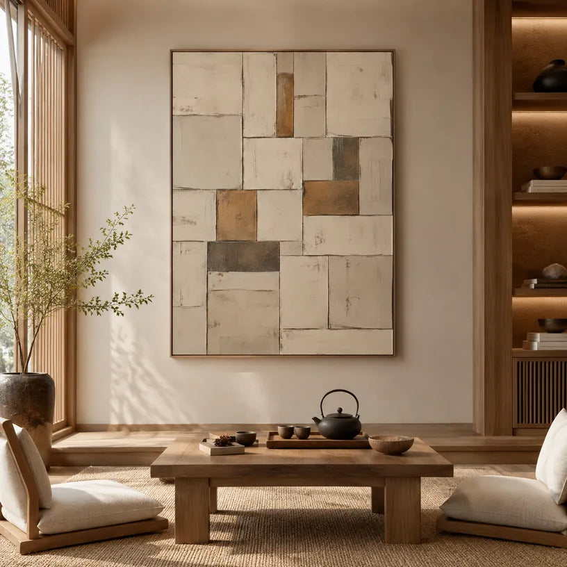 Wabi-Sabi abstract oil painting showing layered abstract marks, texture and expressive painterly movement in a beige palette.