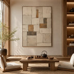 Wabi-Sabi abstract oil painting showing layered abstract marks, texture and expressive painterly movement in a beige palette.