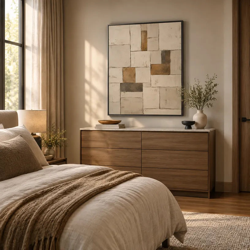 Wabi-Sabi abstract oil painting showing layered abstract marks, texture and expressive painterly movement in a beige palette.