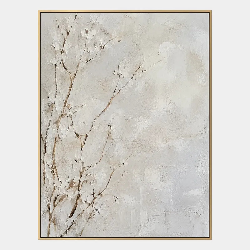 Wabi-Sabi Blumen-/Pflanzen- und Naturölgemälde mit botanischen Formen, Blumen oder natürlichen Elementen in einer malerischen Komposition in einer Beige-Palette.
