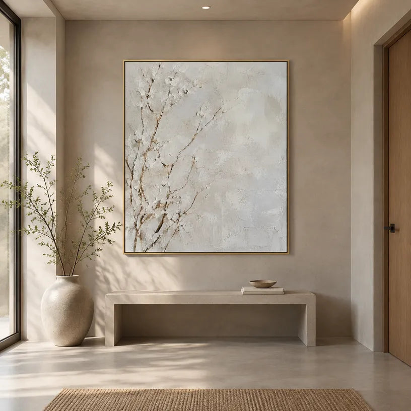 Wabi-Sabi abstract oil painting showing layered abstract marks, texture and expressive painterly movement in a grey palette.