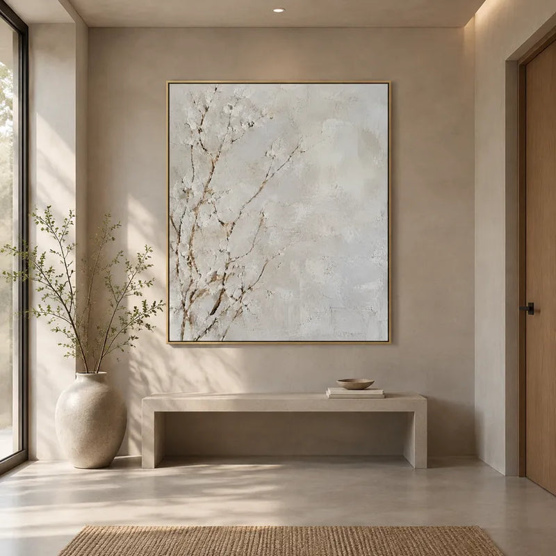 Wabi-Sabi Blumen-/Pflanzen- und Naturölgemälde mit botanischen Formen, Blumen oder natürlichen Elementen in einer malerischen Komposition in einer Beige-Palette.