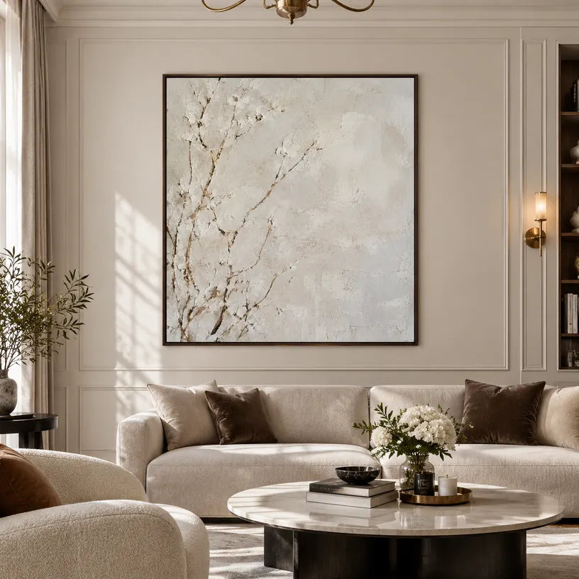 Wabi-Sabi abstract oil painting showing layered abstract marks, texture and expressive painterly movement in a grey palette.