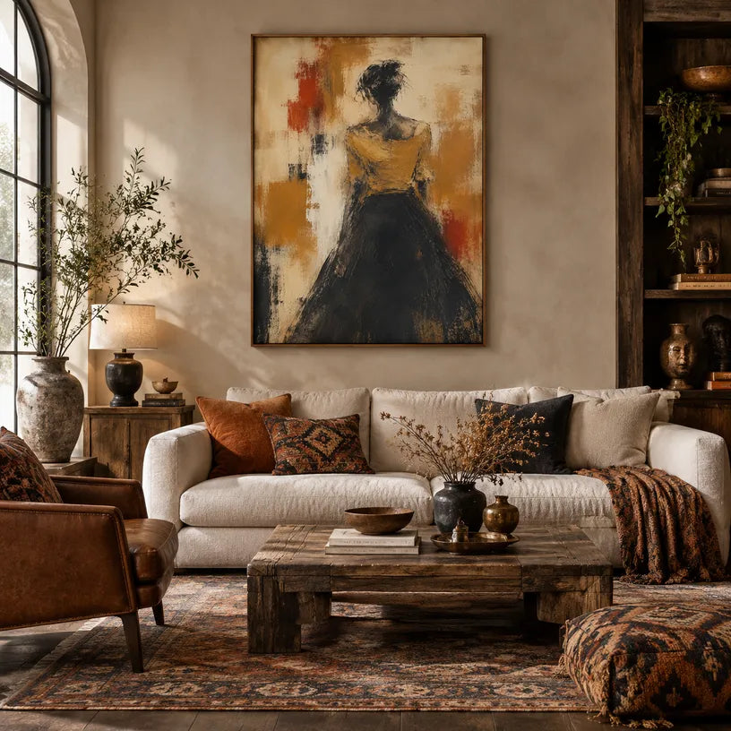 Wabi-Sabi abstract oil painting showing layered abstract marks, texture and expressive painterly movement in a brown palette.