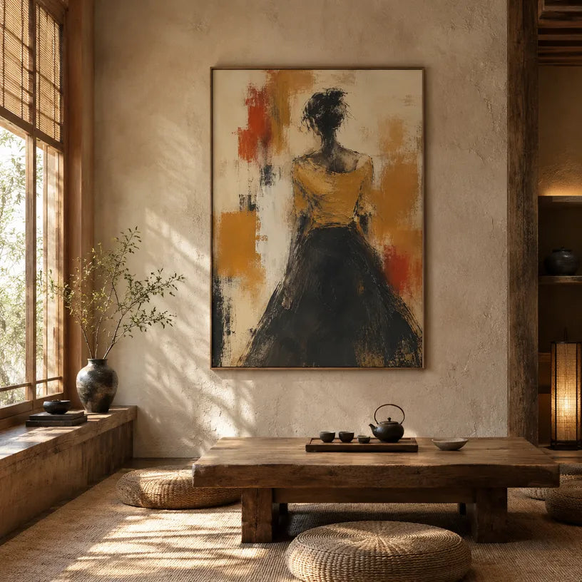 Wabi-Sabi abstract oil painting showing layered abstract marks, texture and expressive painterly movement in a brown palette.