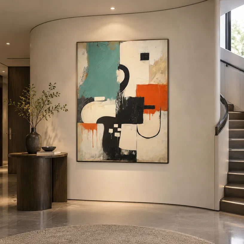 Wabi-Sabi abstract oil painting showing layered abstract marks, texture and expressive painterly movement in a beige palette.