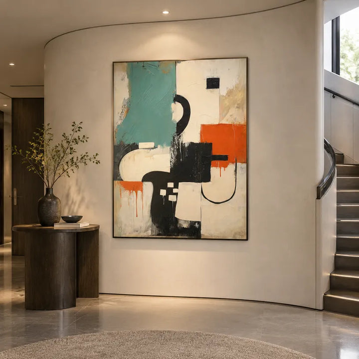 Wabi-Sabi abstract & conceptual oil painting featuring layered abstract marks, texture and expressive painterly movement in a beige palette.