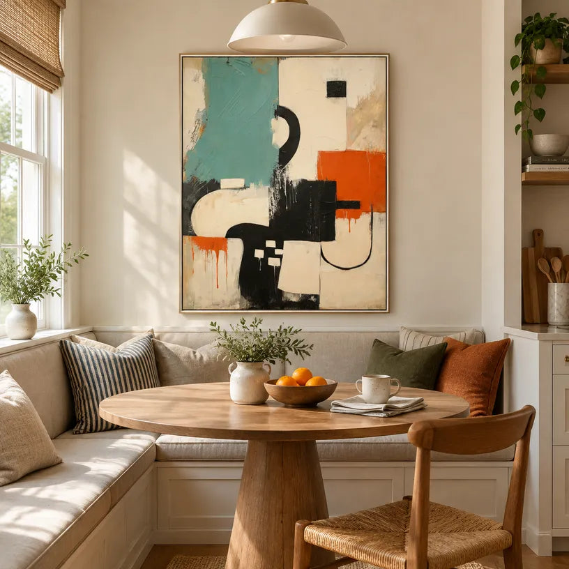 Wabi-Sabi abstract oil painting showing layered abstract marks, texture and expressive painterly movement in a beige palette.