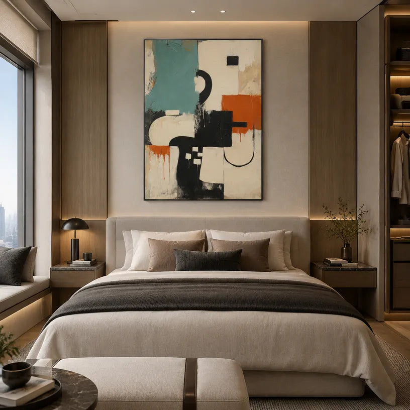 Wabi-Sabi abstract oil painting showing layered abstract marks, texture and expressive painterly movement in a beige palette.