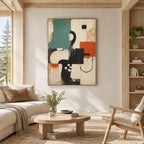 Wabi-Sabi abstract oil painting showing layered abstract marks, texture and expressive painterly movement in a beige palette.