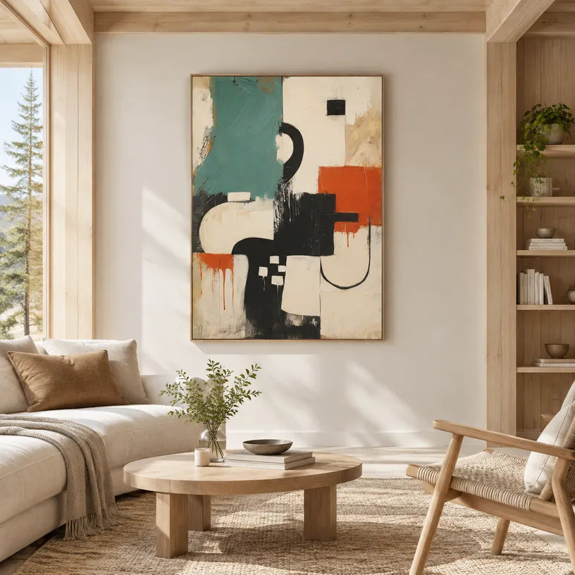 Wabi-Sabi abstract oil painting showing layered abstract marks, texture and expressive painterly movement in a beige palette.