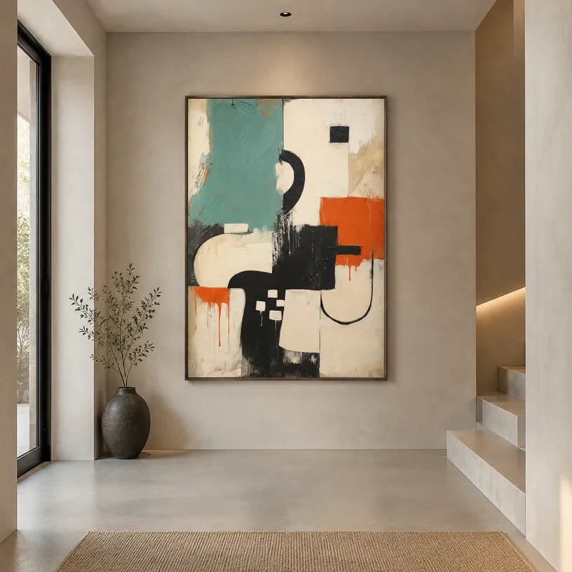 Wabi-Sabi abstract oil painting showing layered abstract marks, texture and expressive painterly movement in a beige palette.
