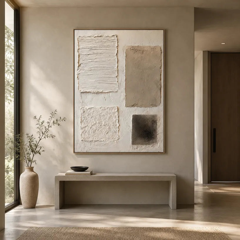 Wabi-Sabi abstract oil painting showing layered abstract marks, texture and expressive painterly movement in a brown palette.