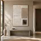 Wabi-Sabi abstract oil painting showing layered abstract marks, texture and expressive painterly movement in a brown palette.