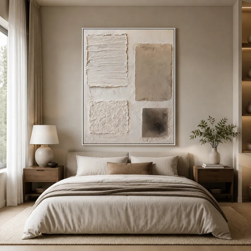 Wabi-Sabi abstract oil painting showing layered abstract marks, texture and expressive painterly movement in a brown palette.