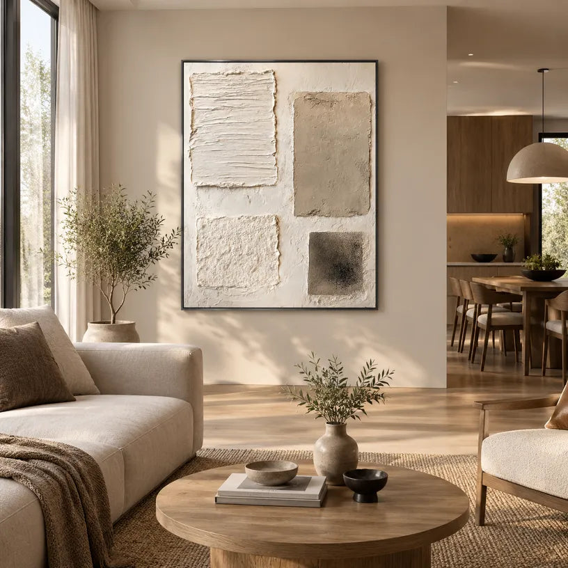 Wabi-Sabi abstract oil painting showing layered abstract marks, texture and expressive painterly movement in a brown palette.