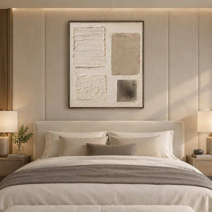 Wabi-Sabi abstract oil painting showing layered abstract marks, texture and expressive painterly movement in a brown palette.