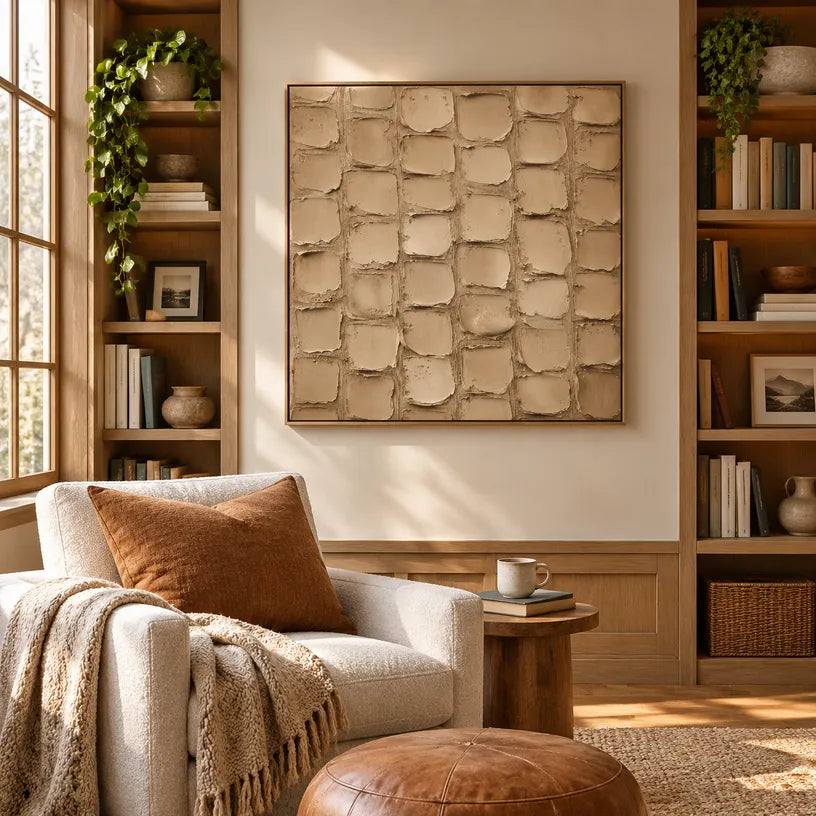 Wabi-Sabi abstract oil painting showing layered abstract marks, texture and expressive painterly movement in a orange palette.