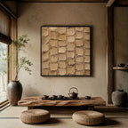 Wabi-Sabi abstract oil painting showing layered abstract marks, texture and expressive painterly movement in a orange palette.