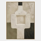 Wabi-Sabi abstract oil painting showing layered abstract marks, texture and expressive painterly movement in a beige palette.