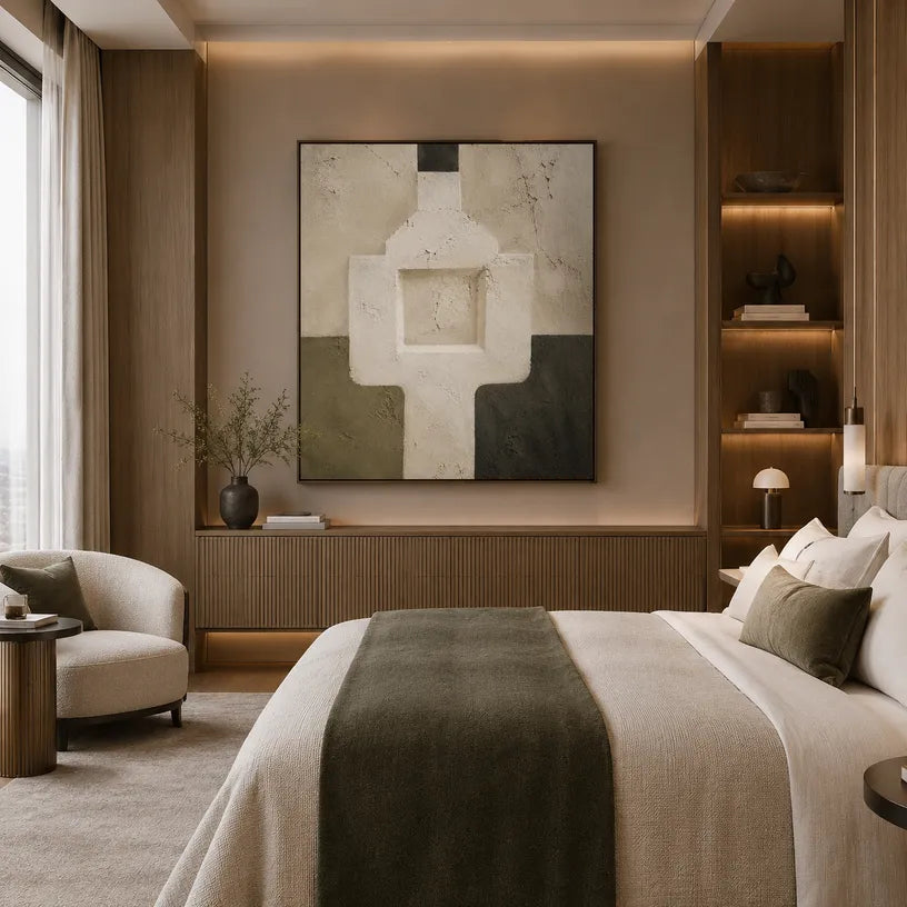 Wabi-Sabi abstract oil painting showing layered abstract marks, texture and expressive painterly movement in a beige palette.