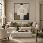 Wabi-Sabi abstract oil painting showing layered abstract marks, texture and expressive painterly movement in a beige palette.